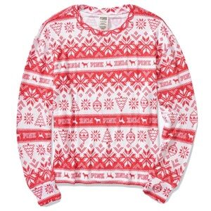 PINK Victoria's Secret Red and White Fairisle Cozy Sleep Top